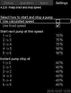 English (GB) 8.7.19 Pump start and stop speed (4.2.8) The function controls the starting and stopping of pumps. There are two options: 1.