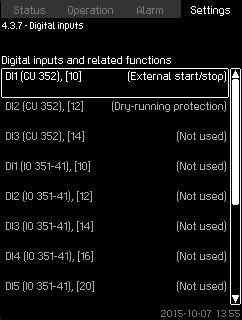 Select: Enabled. The function is disabled. 8.7.25 Emergency run (4.3.5) 8.7.26 Digital inputs (4.3.7) Fig. 72 Digital inputs It is possible to set the digital inputs of the CU 352.
