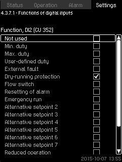 8.7.27 Functions of digital inputs (4.3.7.1) Digital input DI1 (CU 352) [10] DI2 (CU 352) [12] Function External start/stop. Open contact = stop. : Input No 1 cannot be changed.