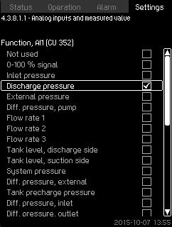 instance 0-16 bar. It is possible to set the following parameters in each display: Not used Range of input signal, 0-20 ma, 4-20 ma, 0-10 V Measured input value Sensor range.