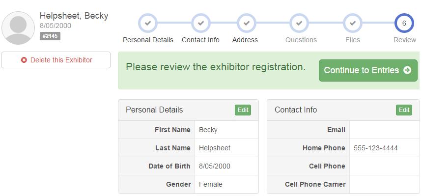 2. (If you entered/spelled something incorrectly on the previous screen, you have the option to Delete this Exhibitor on this screen.