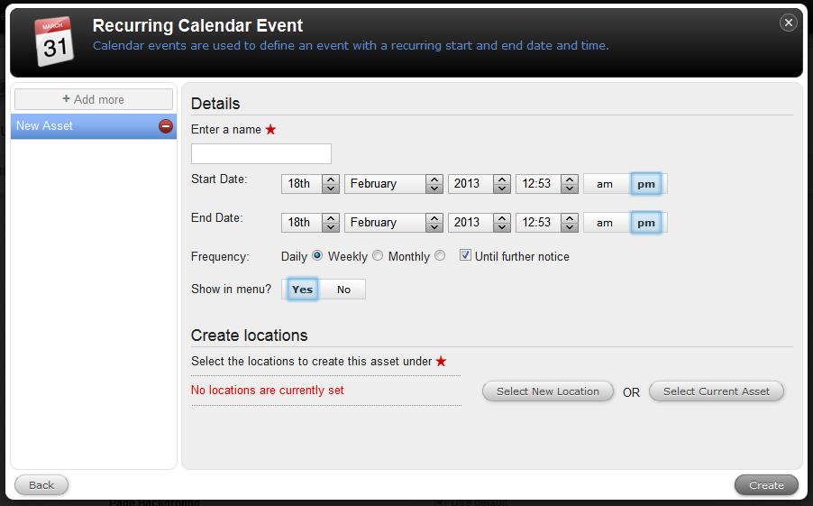 Select Recurring Calendar Event under the Events tab on the left. 3.