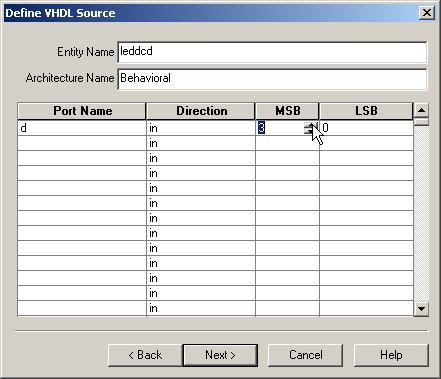 The Define VHDL Source window now appears where you can declare the inputs and outputs to the LED decoder circuit.
