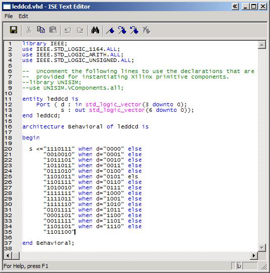 The completed VHDL file for the LED decoder is shown below.