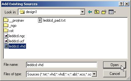 The next window allows you to add existing source files to your new project. It will save time if you re-use the LED decoder from your previous design, so click on the Add Source button.
