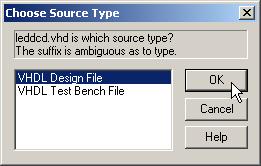 After clicking on Open, a window appears that asks for the type of file you are adding to the project. Select VHDL Design File and click the OK button.