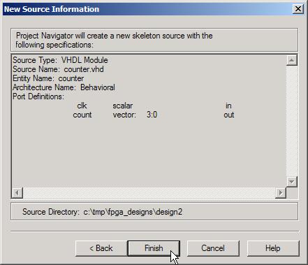Now you can declare the inputs and outputs for the counter in the Define VHDL Source window as shown below.