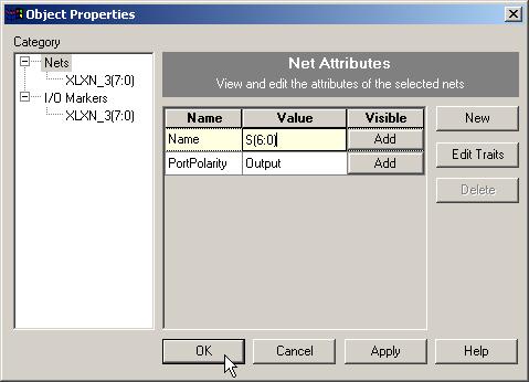 The Object Properties window allows you to set the name and direction of the pins.