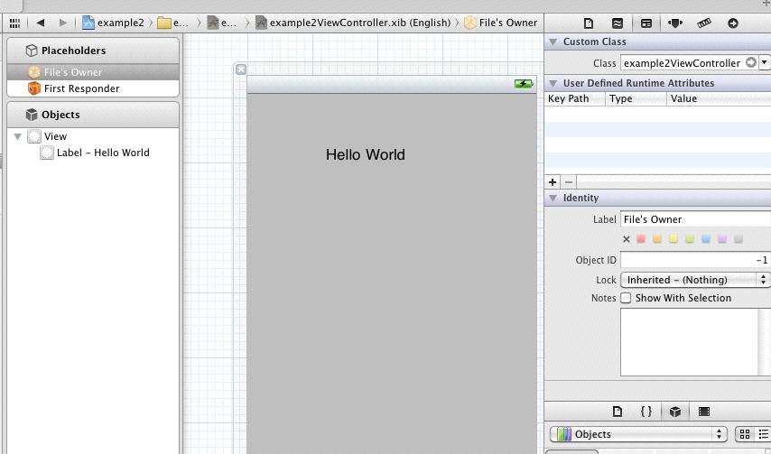 Back in example2viewcontroller.xib, Interface Builder has some new information.