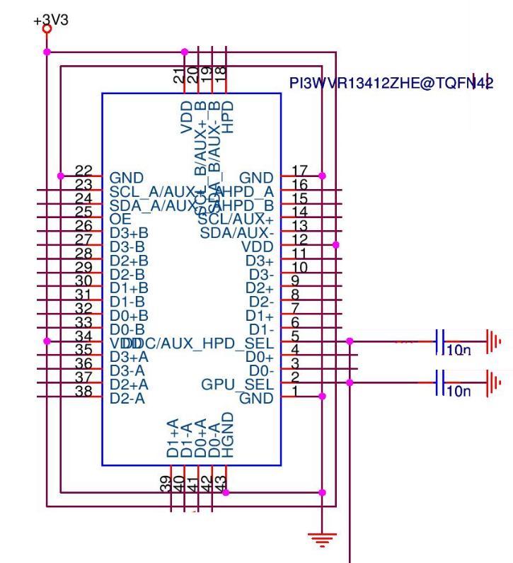 2.1.1 GPU_SEL and DDC/AUX_HPD_SEL Pin In order to achieve better high-speed signal isolation, decoupling capacitors of 10n-100nF at GPU_SEL pin and DDC/AUX_HPD_SEL are recommended. 2.1.2 OE Pin Design Figure 2: GPU_SEL and DDC/AUX_HPD_SEL Decoupling Design A 10n-100nF capacitor is also recommended for OE pin.