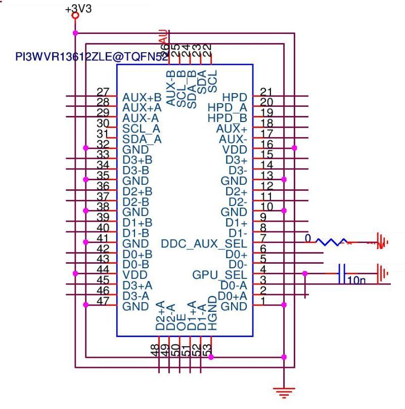 2.1.1 GPU_SEL Pin In order to achieve better high-speed signal isolation, a decoupling capacitor of 10n-100nF at GPU_SEL pin is recommended. Figure 2: GPU_SEL Decoupling Design 2.1.2 OE Pin Design OE pin of PI3WVR13612 is active HIGH.