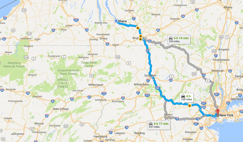 Applications: Routing and shortest paths 11/13/2017 Ithaca, New York to New York - Google Maps Ithaca, New York to New York Drive 230 miles, 4 h Map data 2017 Google via I-81 S and I-80 E Fastest