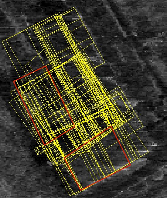 a b Figure 8 set of assembled objects quadrangle (a), result overlaid with LIDAR-DSM (b) Only a subset actually coincides with real buildings.