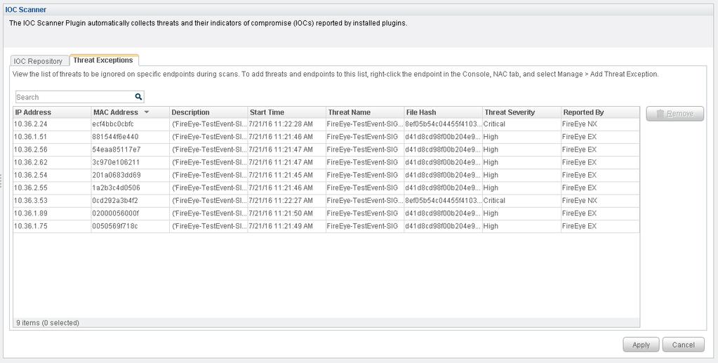 4. Select the Threat Exceptions tab. A list is displayed of all the threats to be ignored on specific endpoints.