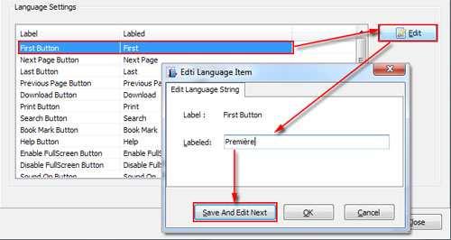 (2). Choose the first label and click "Edit" icon, define new language text in "Labeled" box, then