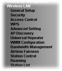 3.8 Wireless LAN Settings for Universal Repeater Mode When you choose Universal Repeater as the operation mode, the Wireless LAN menu items will include General Setup, Security, Access Control, WPS,
