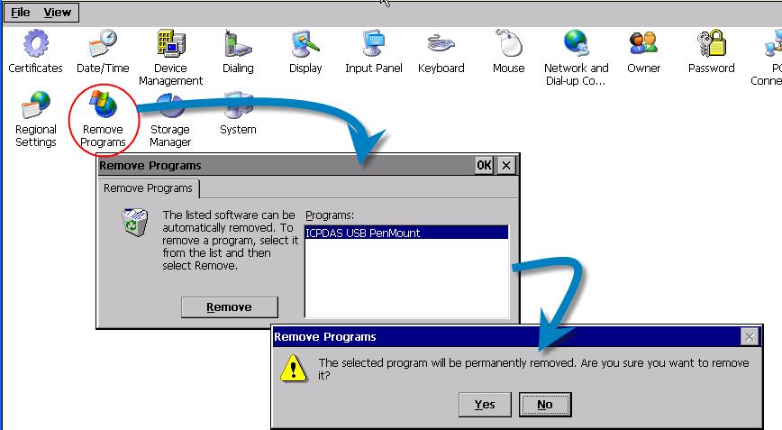 2.2.1.3. Uninstalling the XP-8000-CE6 The following procedure describes how to uninstall the PenMount USB touch driver. 1. From the Start menu, click Settings Control Panel. 2.