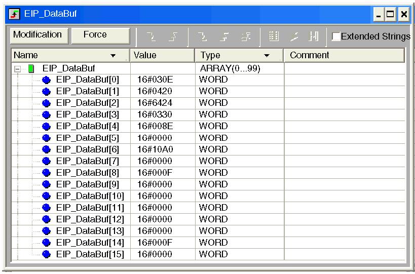 Step Action 6 Expand the EIP_DataBuf variable to display its word array, where you can view the CIP response at words EIP_DataBuf(7-16): Note: Each word presents 2 bytes of data in little