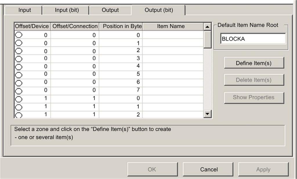 Creating Output Bit Items To create output bit items for the STB NIC 2212 example, beginning with 2 output bits for the STB DDO3200 module: Step Action 1 Select the Output (bit) tab to open the