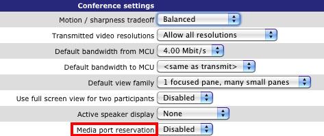 Configuring the TelePresence MCU Task 6: Changing miscellaneous settings 1. Go to Settings > Conferences. 2. Under Conference Settings ensure Media port reservation is set to Disabled. 3.