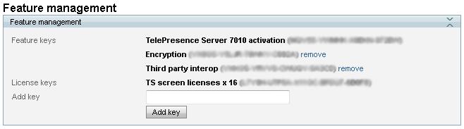 Configuring the TelePresence Server To verify that the Encryption key is installed or to install the key, perform the following tasks: 1. Go to Configuration > Upgrade. 2.
