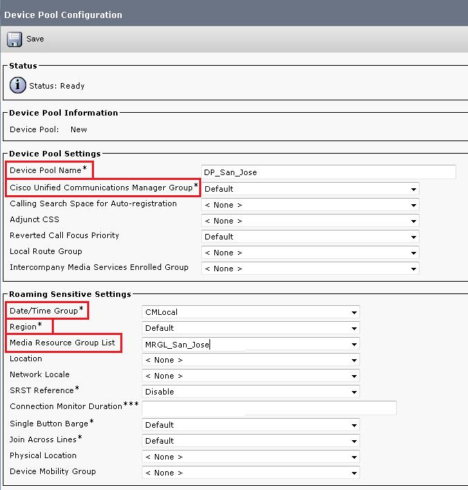 Configuring Unified CM Date/Time Group Region Media Resource Group List Select the appropriate group from the drop-down list. Select the appropriate region from the drop-down list.