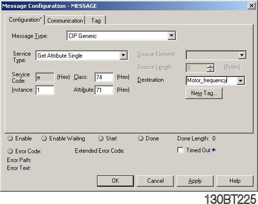 Click on box next to MESSAGE to configure the read command of parameter 16-13 Motor frequency.