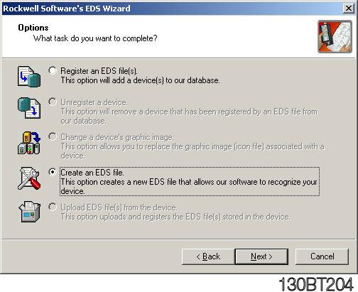 If RS Networx does not have an EDS (Electronic Data Sheet) installed the Device will be shown as an Unrecognized Device. Choose Create an EDS file and click on Next.