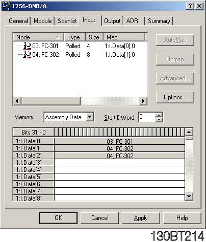 This may vary by other Scanner types. This means that the FC 301 (address 3) Status word will be read from the I/O area I:0.0 to I:0.15 and the Main Actual Value from I:0.16 to I:0.32.