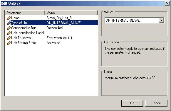 3 DeviceNet Master/Slave configuration 3.3.3 DeviceNet communication between two IRC5 controllers Add unit with the Unit Type DN_INTERNAL_SLAVE Action 1. 2. 3. In RobotStudio, click Configuration Editor and select I/O.