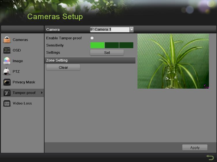 Figure 81 Tamper-proof Detection Menu 2. Select the camera to setup video tampering detection in using the camera dropdown list. 3. Check the Enable Tamper-proof checkbox to enable tamper-proof. 4.