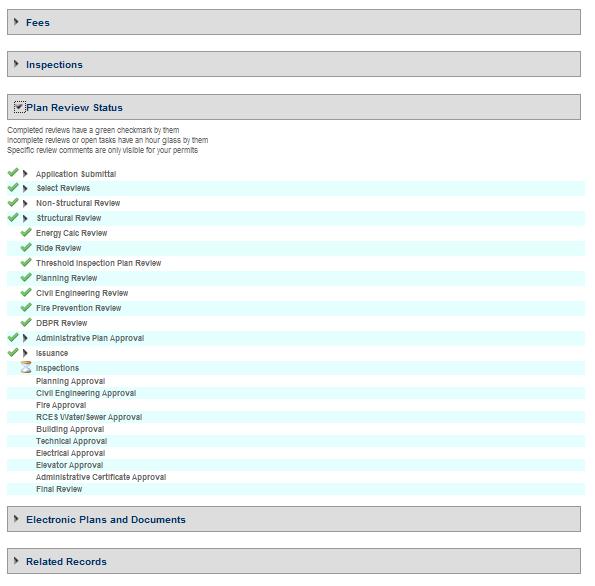 Plan Review Status: The green check marks, next to the Plan Review Status, means that
