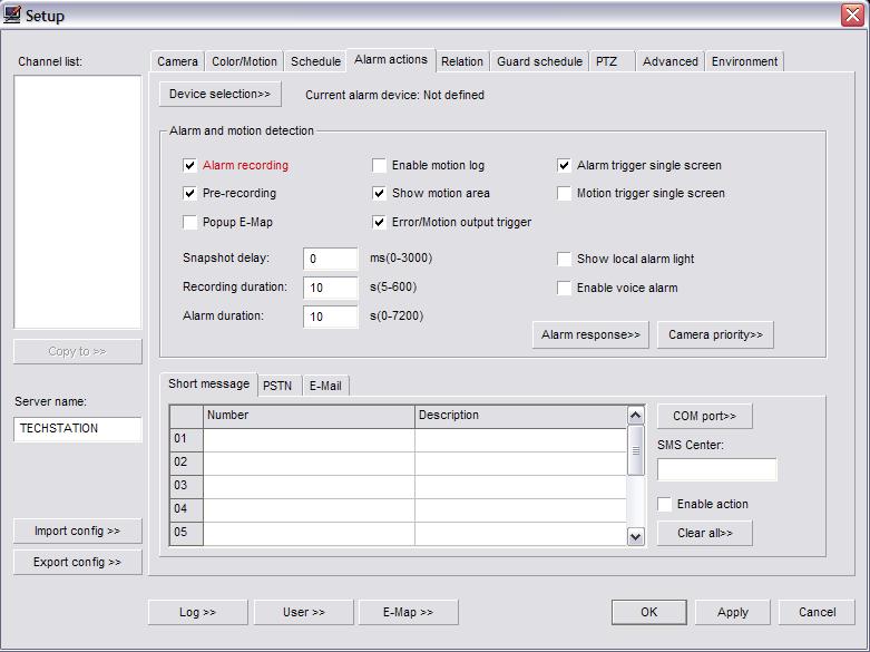 Alarm Actions Tab (Fig. 2-7) (Fig. 2-7) The Device Selection button will bring up the Device Select dialog box. (Fig. 2-8) Select your supported alarm relay controller from the Type drop down box.