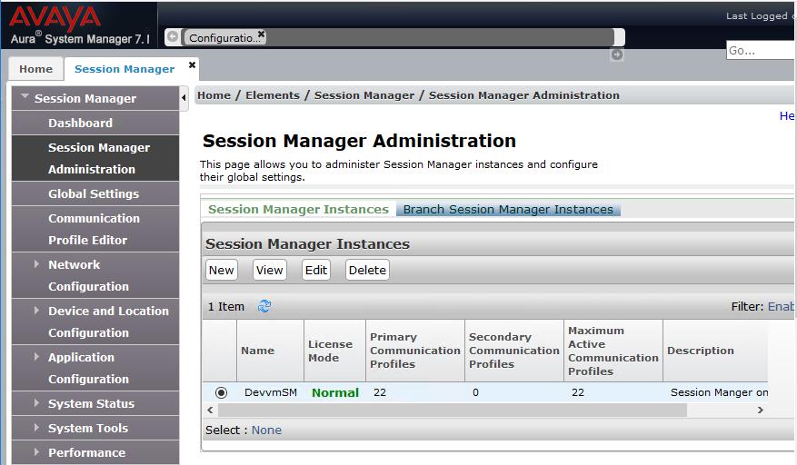 5.4. Configure CDR User Account for Avaya Aura Session Manager From the main System Manager dashboard seen in Section 5.2, navigate to Elements Session Manager. Select Session Manager Administration.