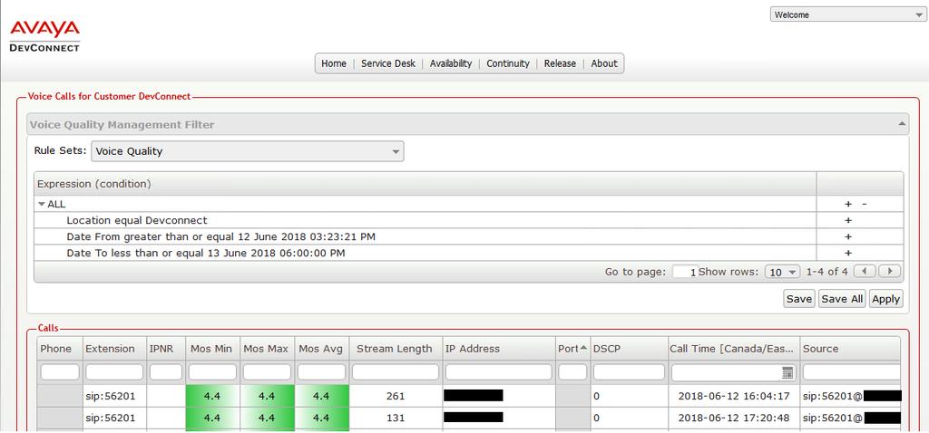 To view voice quality using historical reporting, navigate to Availability Manager Voice Quality Management (not shown).