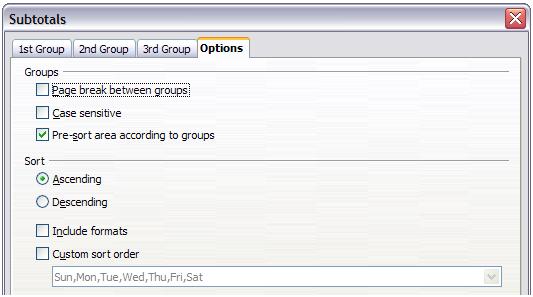Further choices are available in the Options page of the Subtotals dialog. In the Groups section: Selecting Page break between groups inserts a new page after each group of subtotaled data.
