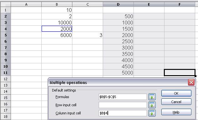 5) With the cursor in the Formulas field of the Multiple operations dialog, select cells B5 and C5.