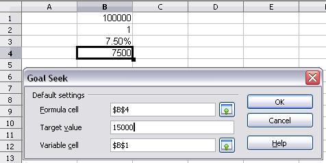 Figure 18: Example setup for goal seek 5) Click OK. A dialog appears informing you that the Goal Seek was successful. Click Yes to enter the goal value into the variable cell.