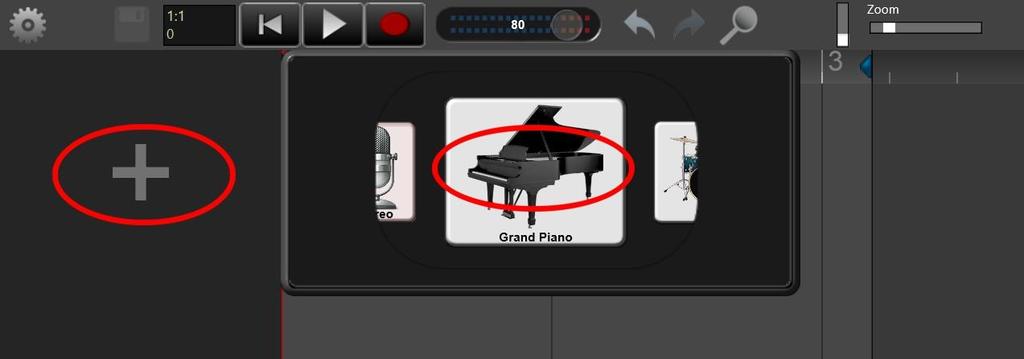 Click the + button and choose an instrument using the sliding selector.