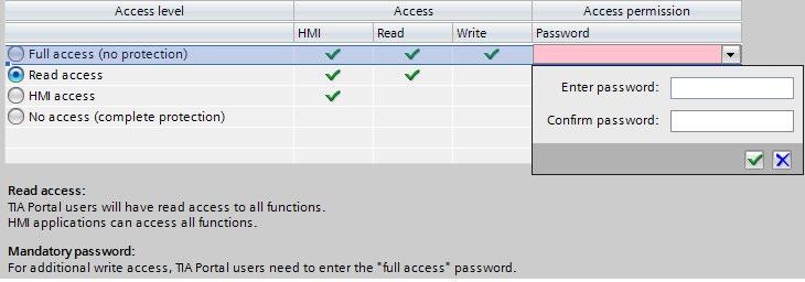 Protection 9.2 Configuring access protection for the CPU Selecting the access levels To configure the access levels of a CPU, follow these steps: 1.
