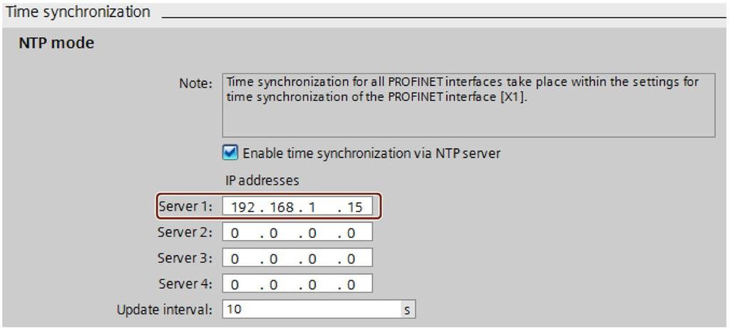 Commissioning 11.12 Time synchronization 11.12.1 Example: Configuring and changing NTP server Configuring time synchronization with your own NTP server Automation task You use your own server in your network.