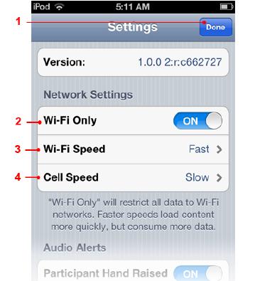Settings Screen Features 1. Done Button Tap to return to the Rooms List screen. 2. Wi-Fi Only Slide the switch to ON in order to restrict data downloading to Wi-Fi networks only.
