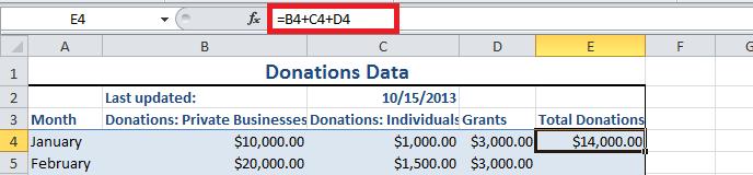 In this example we want to total the donations from the private businesses, individuals, and grants.