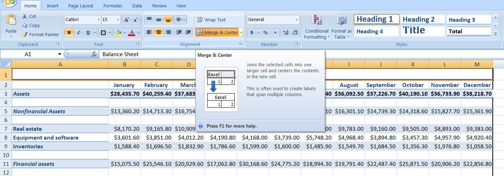 The date format changes to correspond with the date format you choose. Formatting Worksheet Cells Merge and Center This tool combines multiple cells into one cell and horizontally centers the content.