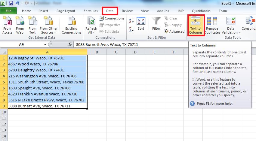Separating Columns If you want to separate content that is currently in a single cell, (i.e. address, city, state, zip), you will want to use the Convert Text to Column feature so that each characteristic will have its own cell.