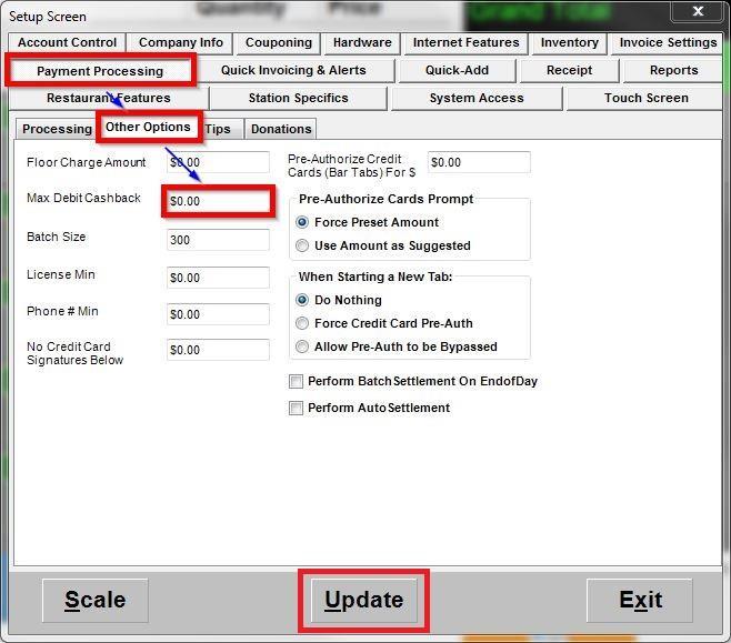 Setting up and using cash back on a debit card sale 13. Go to Options/Manager > Setup > Setup Screen. 14.
