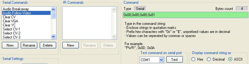 1 Creating a Serial Command To write the serial commands for a selected device: 1. Click the New button in the Serial Commands area. The New Serial Command window appears. 2.