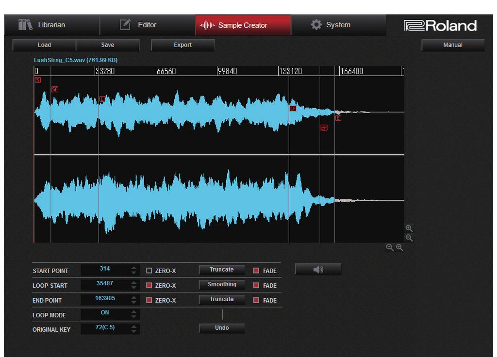 3-3. Sample Creator Mode [Load] button Loads the audio file that you want to edit. [Save] button Saves the edited sample.