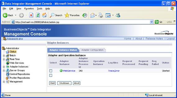If you installed DI with a typical installation a web service adapter is automatically configured, as shown in Figure 3. If not, add one using the configuration tab.