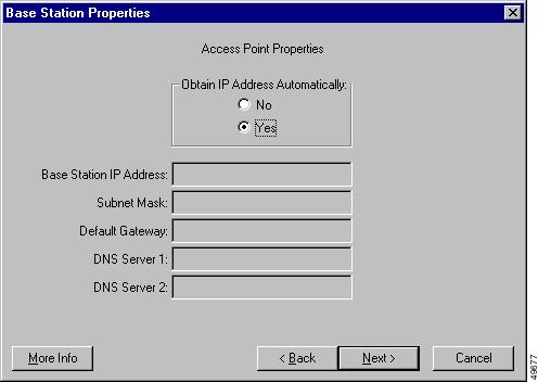 Chapter 2 BSCU Installation and Setup Figure 2-17 Access Point Properties Screen Table 2-27 Access Point Properties s Obtain IP Address Automatically When this parameter is set to On, the base